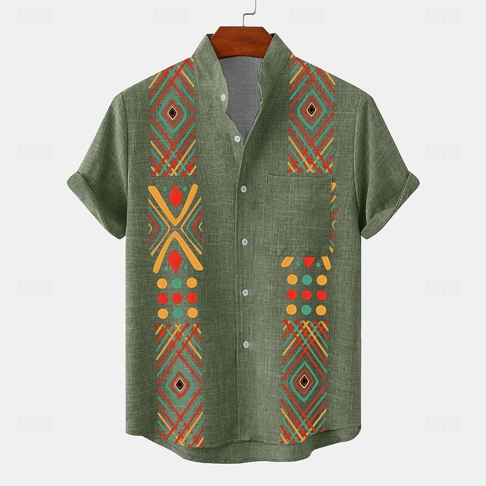 Férfi Ing Gombos póló Rövid ujjú Szüret Alkalmi Törzsi Vakáció Napi Nyár Tavasz Álló gallér nagypapa gallér Nyomtatott Lóhere Khakizöld Bézs 2025 - $24.99 –P2