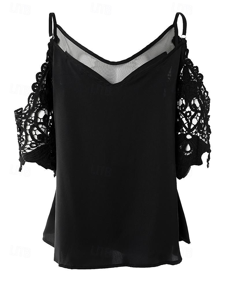 Hemd Bluse Damen Schwarz Einfach Spitze Kalter Schulter-Schnitt Straße Täglich Mode V Ausschnitt Normale Passform S 2025 - $29.99 –P5