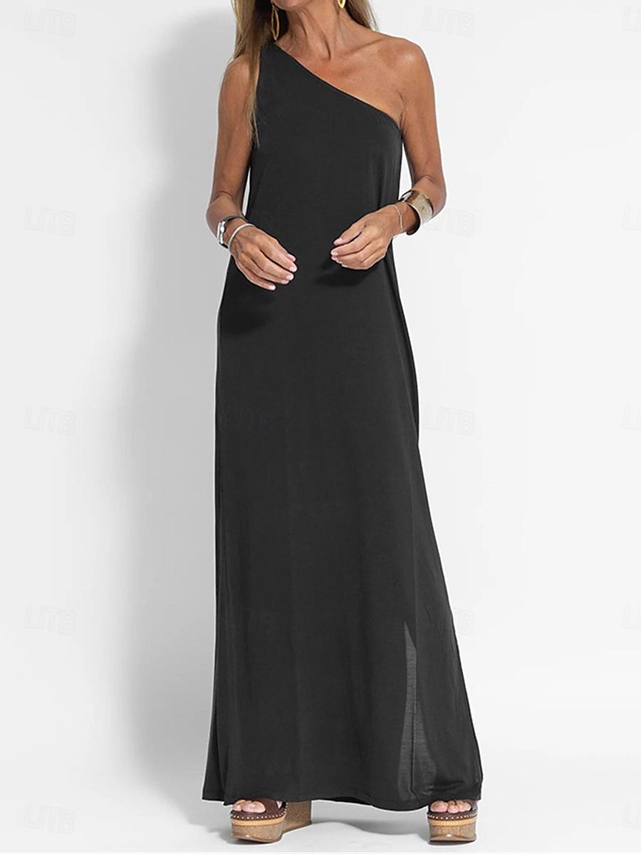 Damen schwarzes kleid Maxidress Rückenfrei Verabredung Urlaub Strassenmode Maxi Ein-Schulter Ärmellos Schwarz Gelb Grau Farbe 2025 - $39.99 –P3