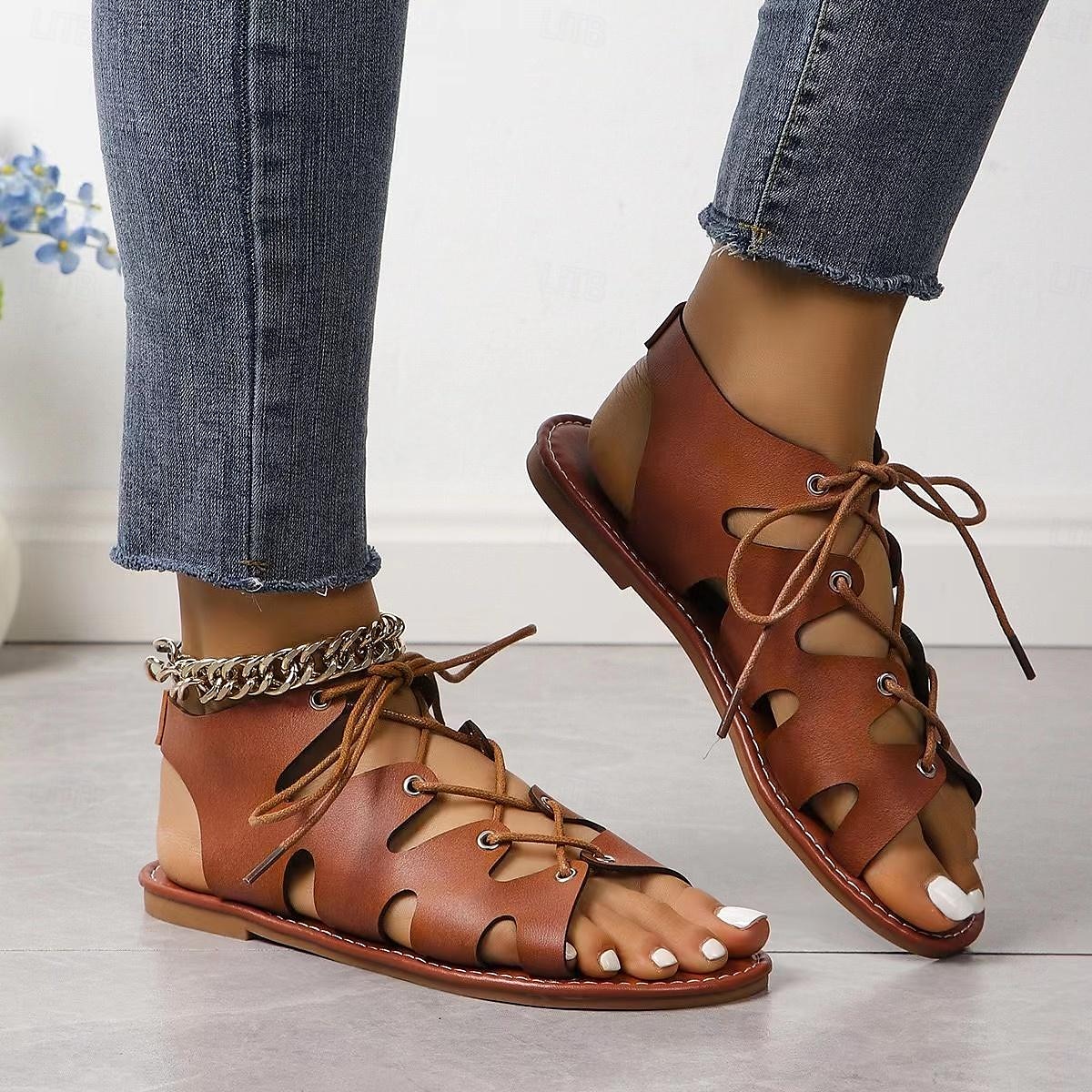 sandali gladiatore con lacci da donna – scarpe estive piatte con punta aperta per stile casual, spiaggia e boho del 2025 a $19.99 –P7
