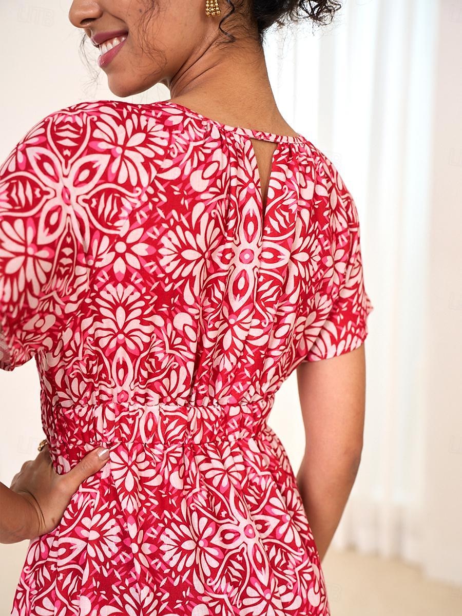 robe longue en mousseline de soie à fleurs et feuilles pour femmes, col noué, manches courtes, été de 2025 ? $7.39 –P9