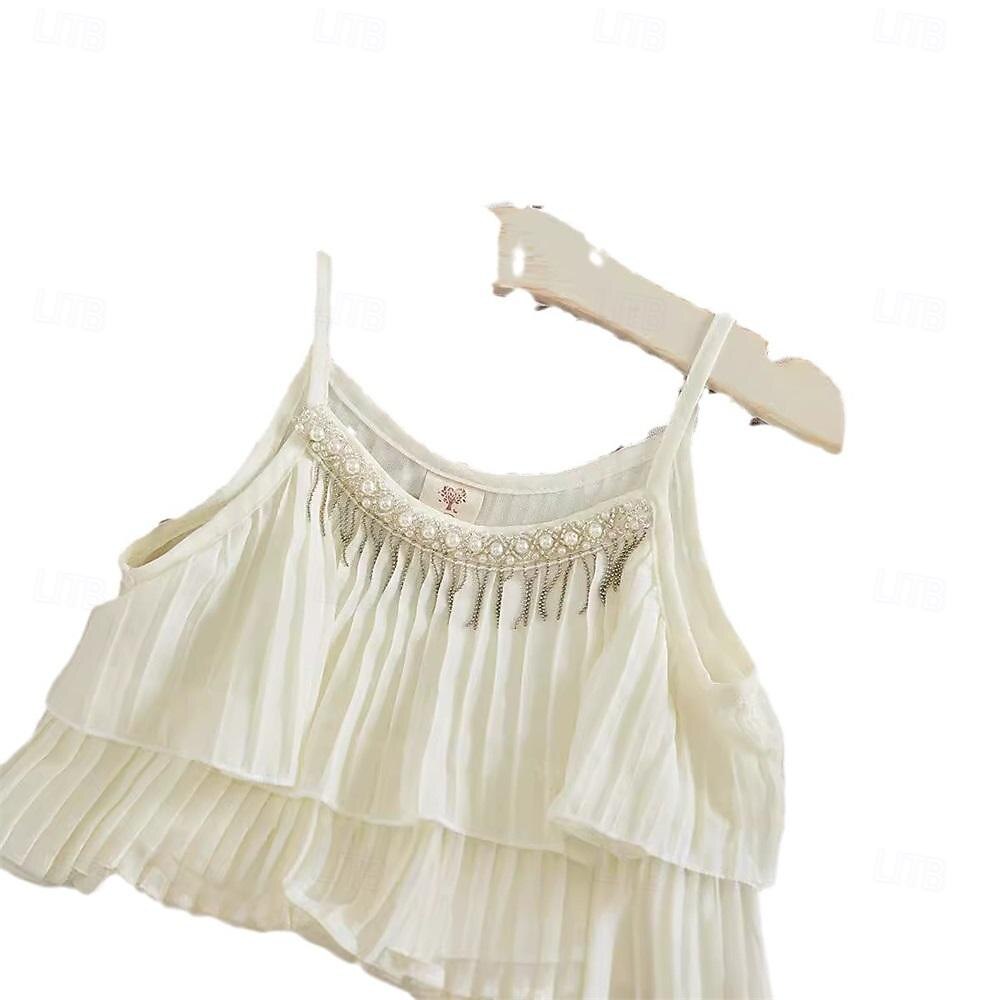 2 Piese Copii Fete Culoare solidă Costum de pantaloni A stabilit Fără manșon Modă În aer liber 3-7 ani Vară Bej 2025 - $16.49 –P5