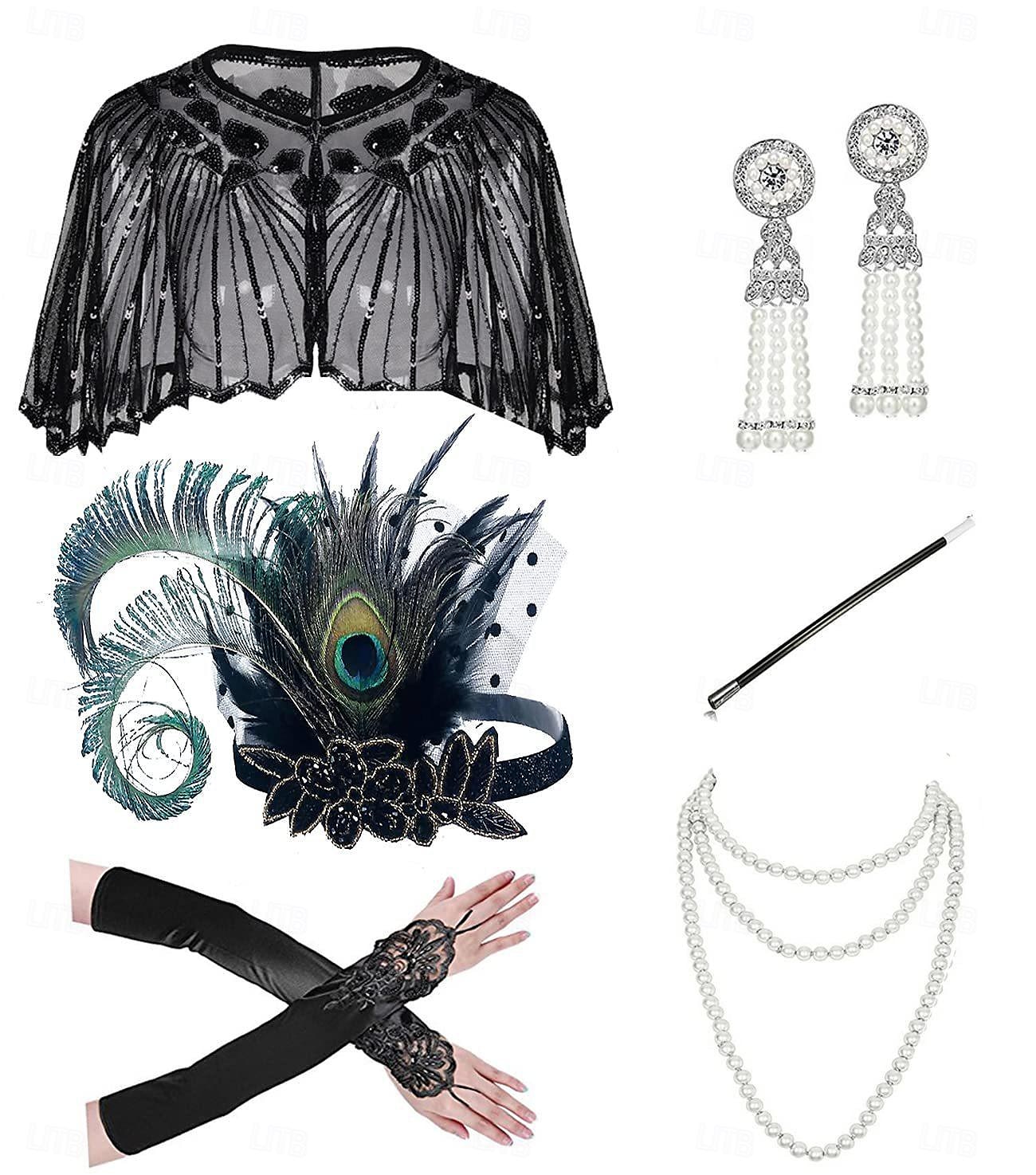 Retro Vintage Anos 20 O Grande Gatsby Faixa De Cabelo Estilo Melindrosa Conjunto de acessórios Xales Menina melindrosa Convidado do casamento Pena Mulheres Dia Das Bruxas Carnaval Baile de Máscaras de 2025 por $34.35 –P4