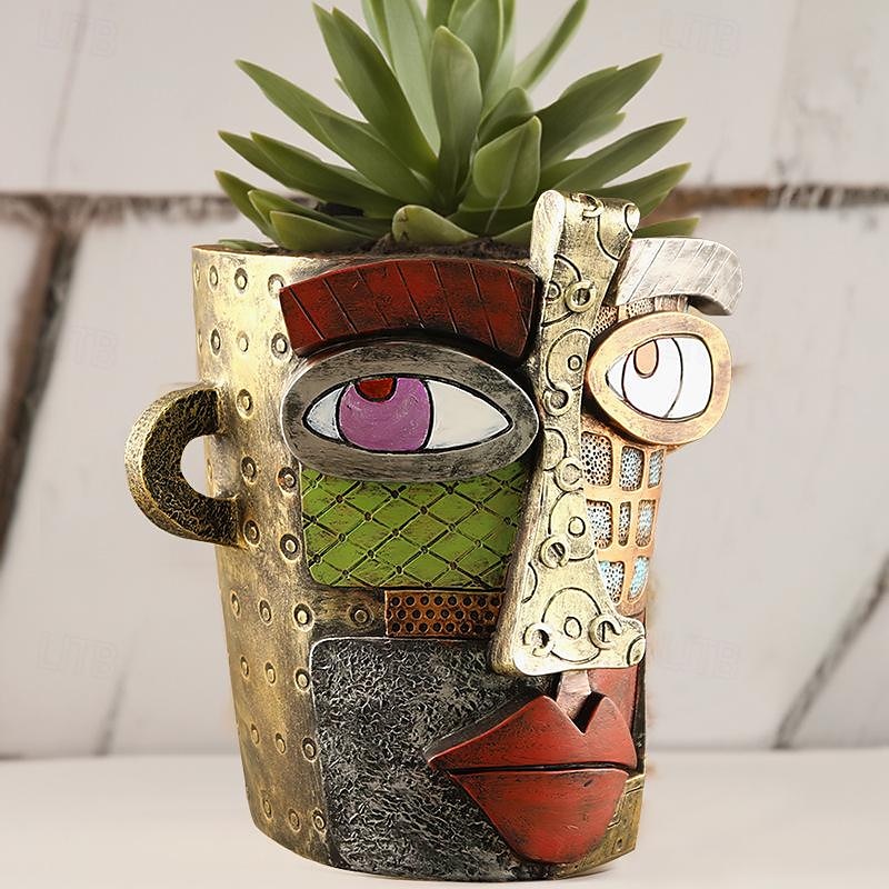 Maceta abstracta brutalista con cara de belleza, colorida maceta con cabeza de resina con asas para facilitar el movimiento, decoración artística única para plantas de interior/exterior, regalo perfecto para los amantes del arte y las plantas. 2025 - $35.99 –P6