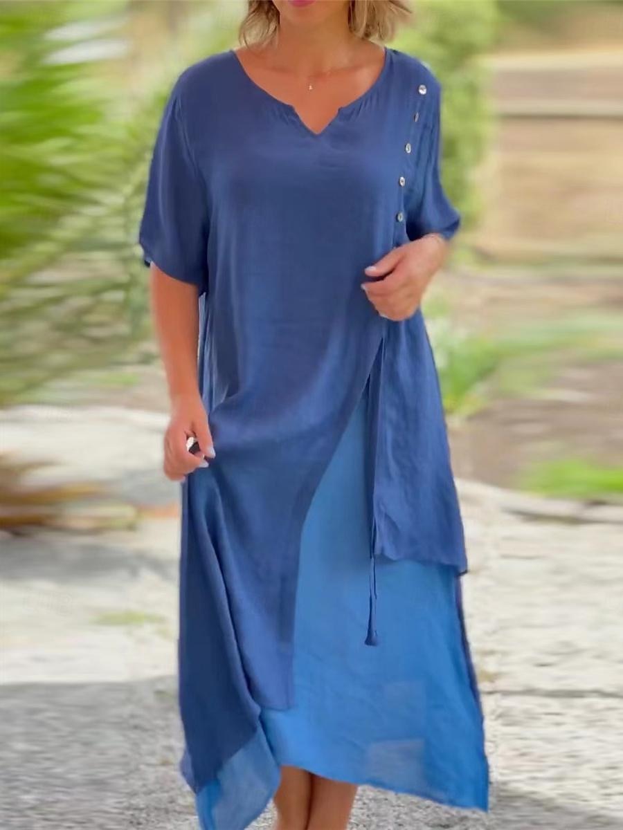Femmes Noir Rose Claire Bleu Été Printemps Robe Midi Robes en coton et lin Robe Décontractée Basique Moderne Quotidien Week-end Coupe Ample Uni Col fendu de 2025 ? $32.99 –P1