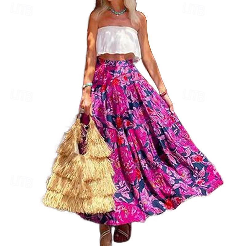 gonna donna a trapezio altalena maxi gonne stampa floreale vacanza estate casual boho fucsia del 2025 a $26.99 –P3