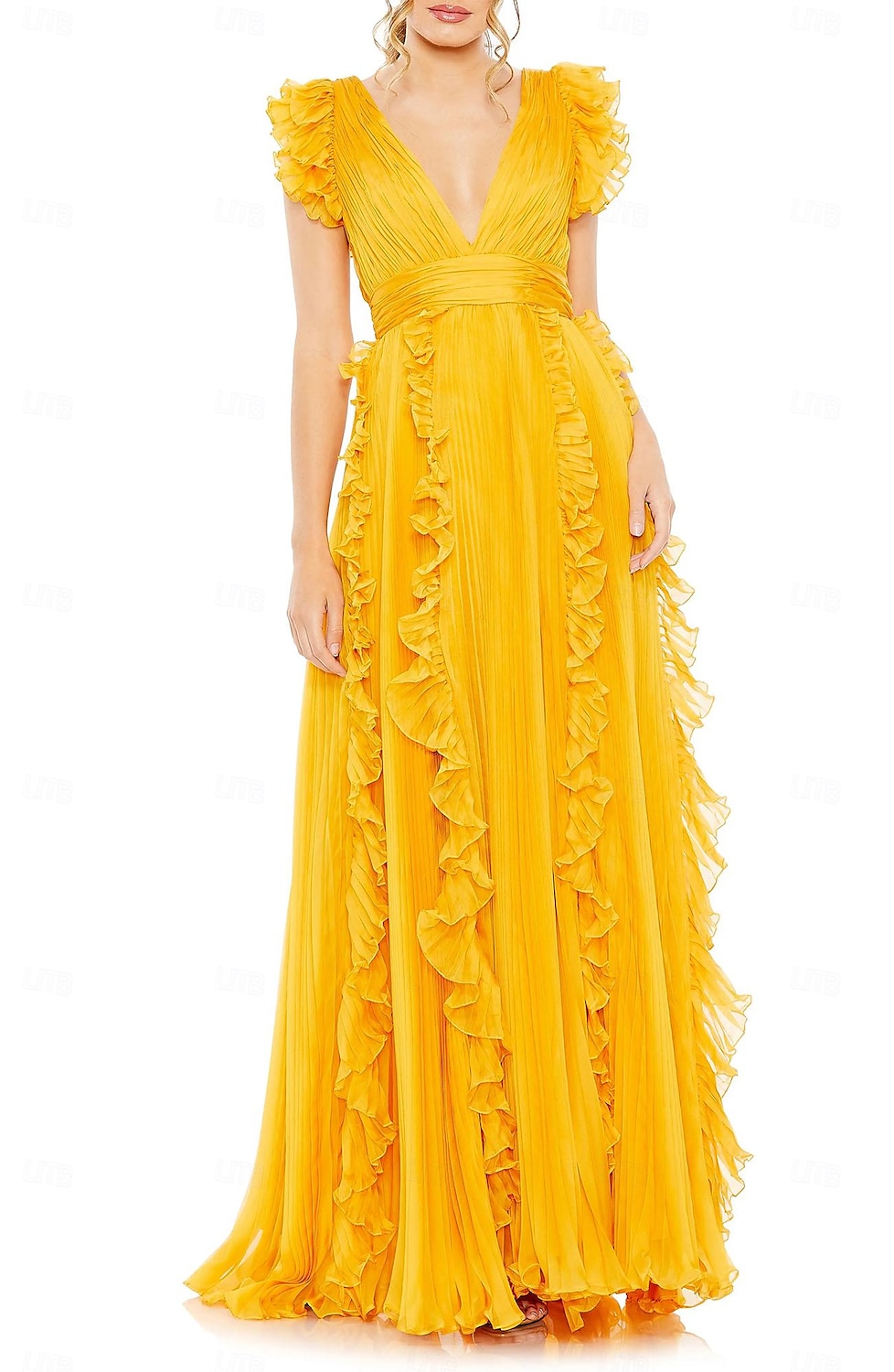 Robe de cérémonie invitée de mariage en A tenue de soirée robe de fête longueur maxi sans manches col en V en mousseline dos en V avec plis de 2025 ? $180.99 –P4