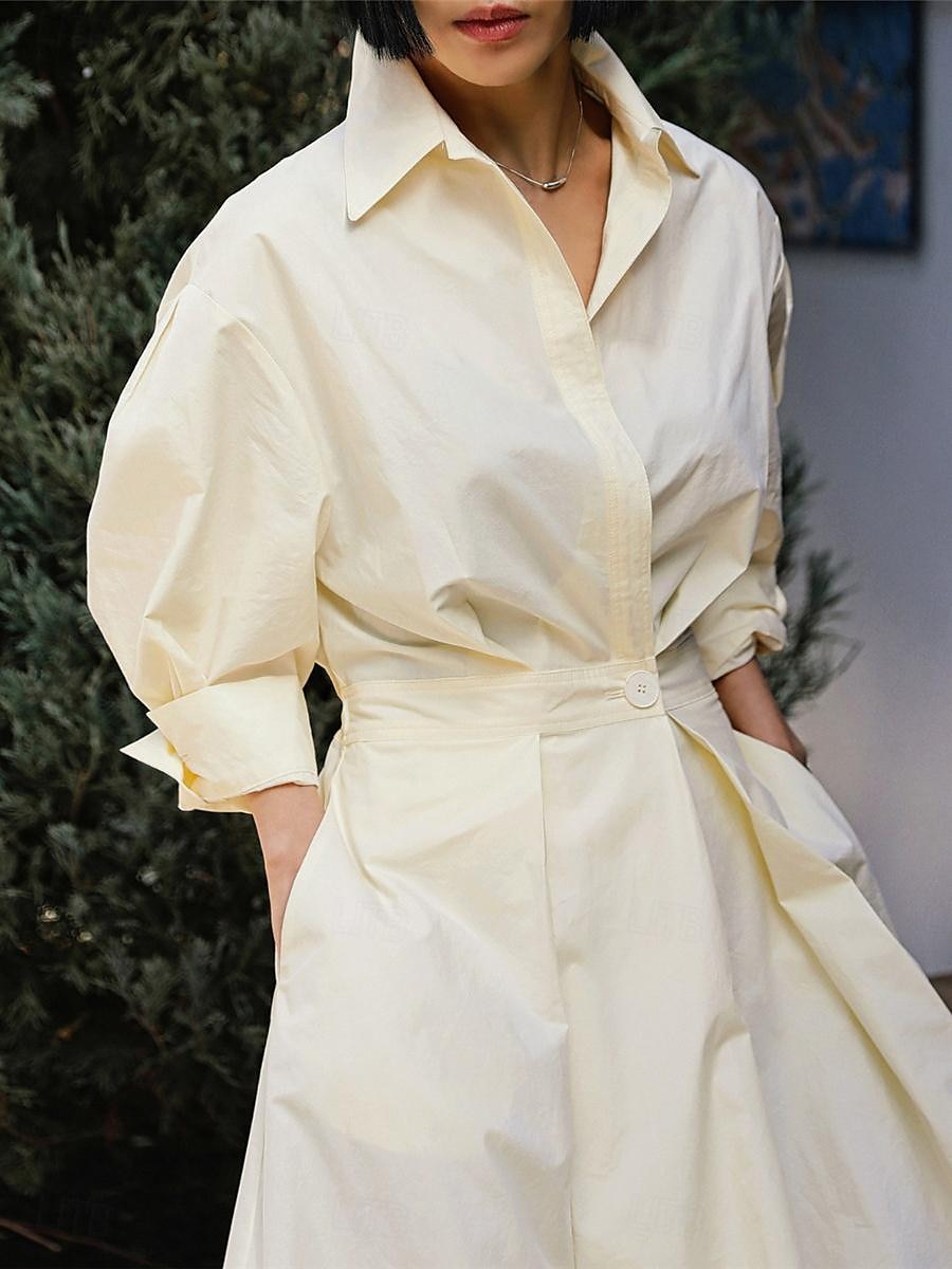 Dámské Bílé šaty Košilové šaty Bavlněné plátěné šaty Maxi dlouhé šaty Rande Dovolená Polyester Základní Košilový límec Tlačítko Kapsy Dlouhý rukáv Léto Jaro Běžný Bez vzoru 2025 - $42.99 –P8