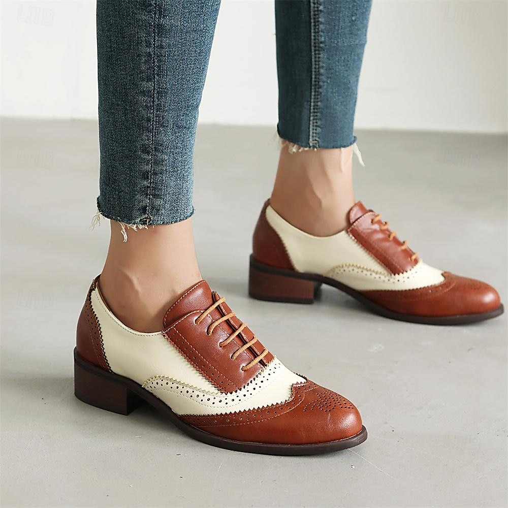 Damen Halbschuhe Retro Bullock Schuhe Täglich Farbblock Schnürsenkel Blockabsatz Runde Zehe Vintage Brautkleider schlicht Wanderschuhe PU Schnürsenkel Schwarzes Gold Schwarz / weiss Rosa 2025 - $59.99 –P10