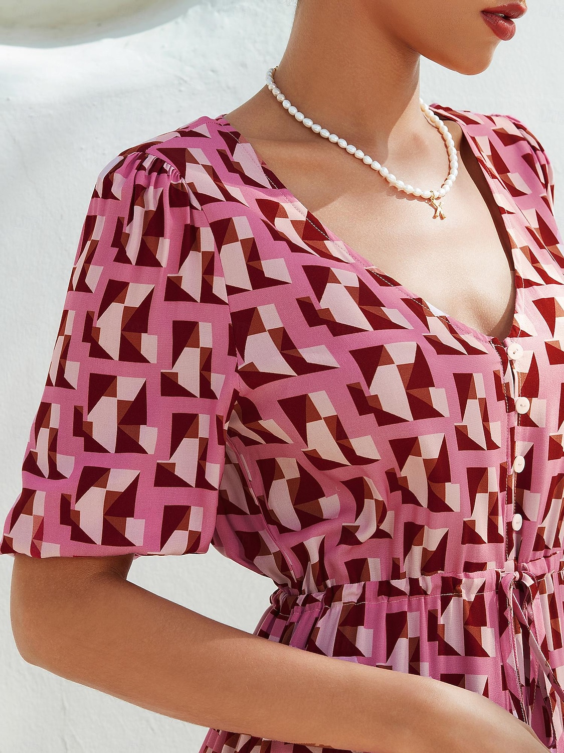 Mulheres Roupas de resort Vestido Longo Vestido Maxi Rosa Manga Curta Geométrico Com Cordão Primavera Verão Decote V férias na praia S M L de 2025 por $124.99 –P3