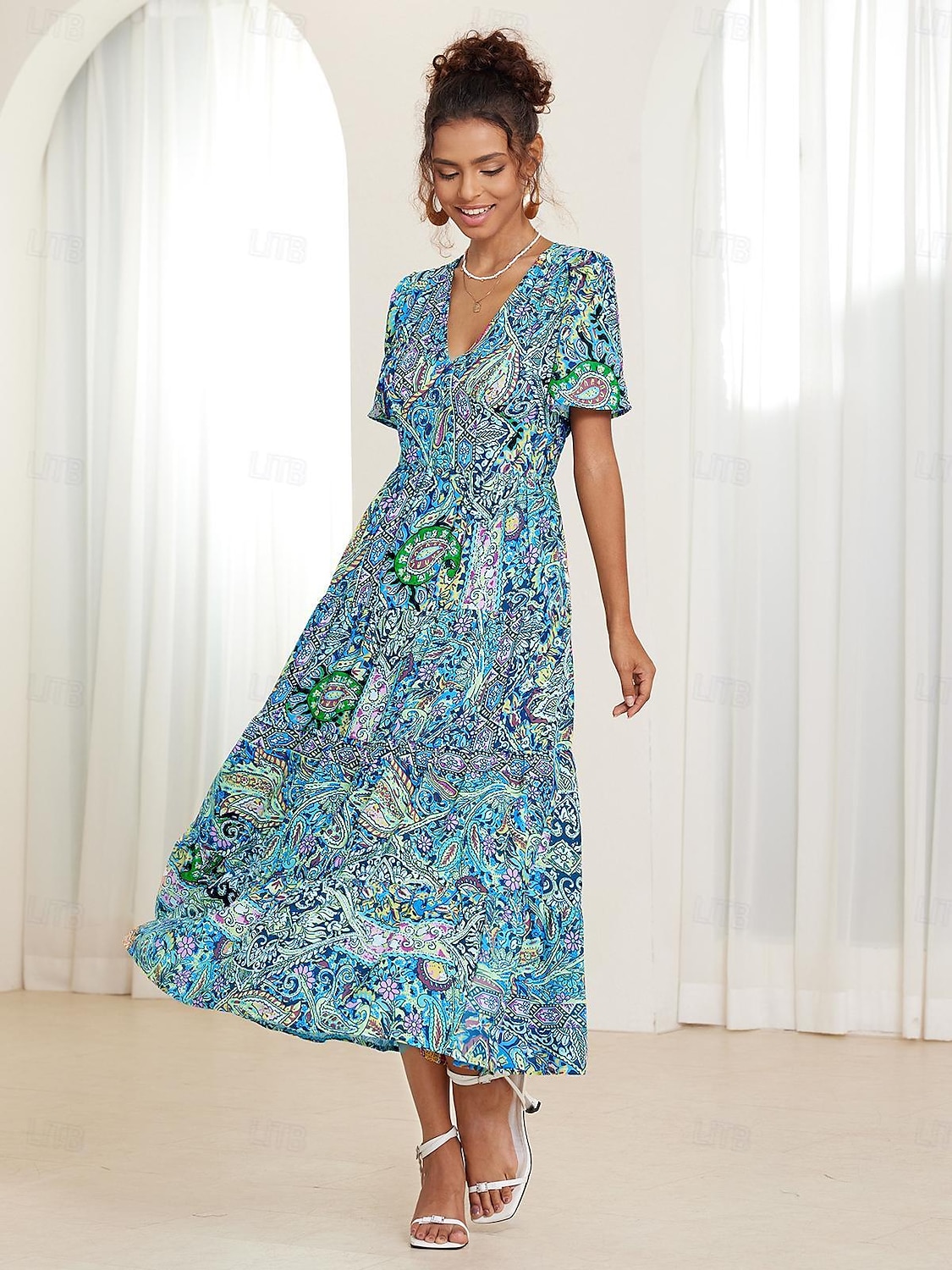 robe midi bohème pour femme col en V manches courtes imprimé cachemire évasé été décontracté tissu léger et respirant coloré style bohème vacances vêtements de plage multicolore disponible en de 2025 ? $49.99 –P7