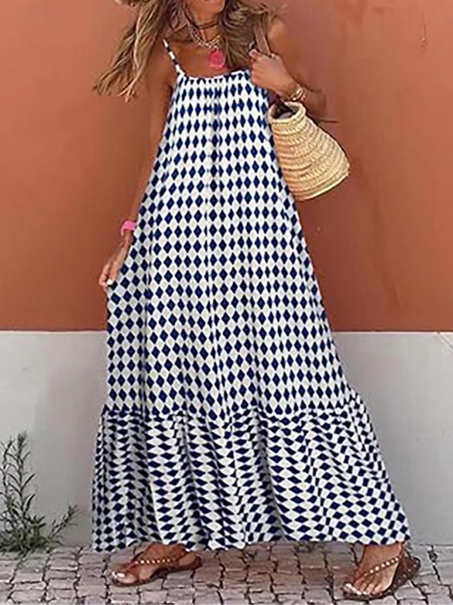 damska sukienka na co dzień sukienka typu swing sukienka typu slip geometryczna krata z odkrytymi plecami nadruk na ramiączkach długa sukienka maxi sukienka stylowa na co dzień randka bez rękawów lato 2025 - $35.99 –P7