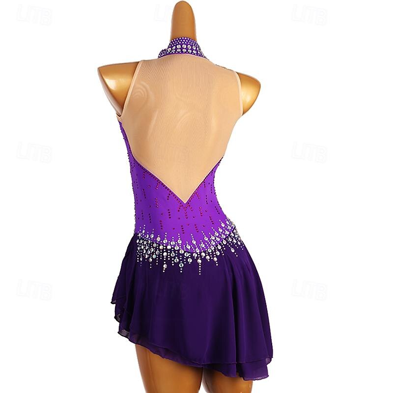 Kunstschaatsjurk Dames Voor meisjes Schaatsen Jurken Paars Lapwerk Open achterkant Netstof Spandex Hoge Elasticiteit Opleiding Wedstrijd Kunstschaatskleding Klassiek Kristal / Bergkristal Mouwloos 2025 - $175.99 –P4