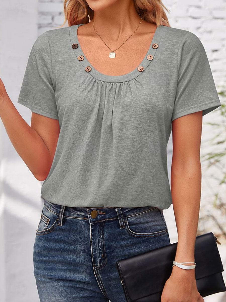Women's Tunic Plain Stylish Short Sleeve Crew Neck Regular Tops Daily Buttons White Pink Khaki Gray Summer Spring Fall 2025 - $21.99 –P4