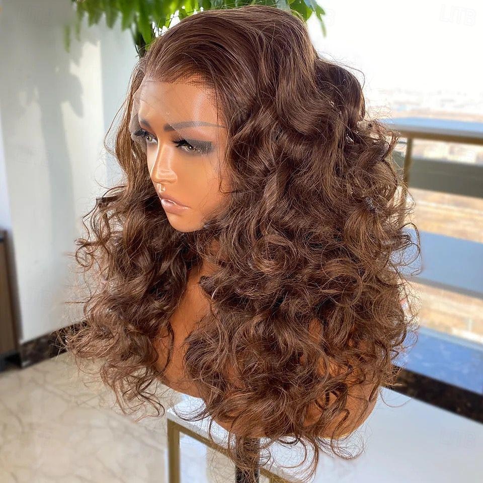 Perruque Cheveux Naturel Rémy 13x4 devant en dentelle Cheveux Brésiliens Ondulé Ondulation Lâche Marron Partie libre Femme Densité 130% 150% avec des cheveux de bébé 100% vierge Sans colle Pré-plumé de 2025 ? $225.09 –P3