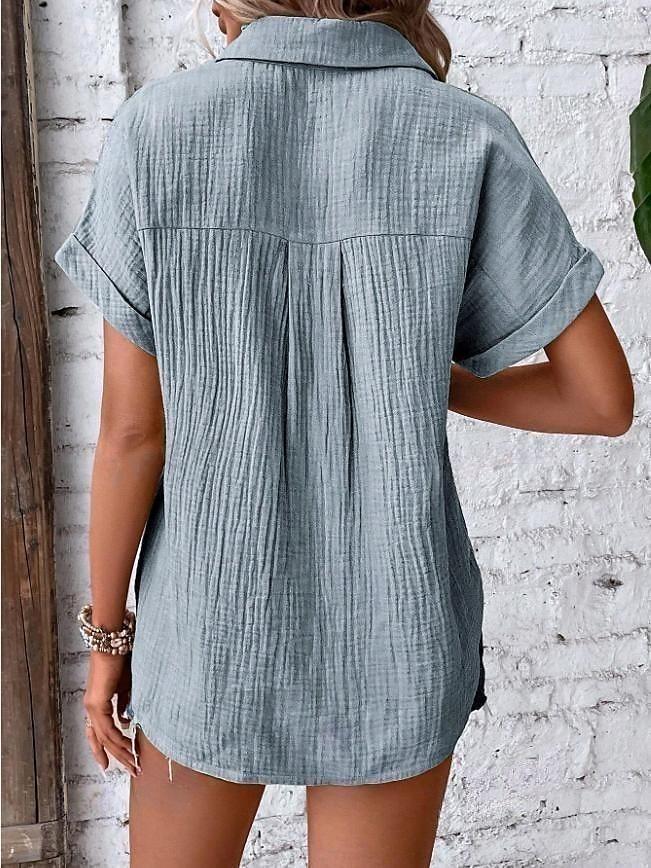 Women's Blouse V-Neck Button-Up Textured Pattern Casual Short Sleeve Summer Top Faded Blue Regular Fit Lightweight Breathable 2025 - $34.99 –P5