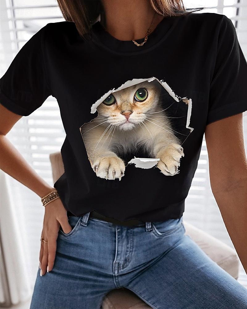Per donna maglietta Maglietta divertente Nero Bianco Pop art Gatto Stampa Manica corta Informale Giornaliero Essenziale Rotonda Standard 100% cotone Gatto 3D S del 2025 a $4.59 –P17