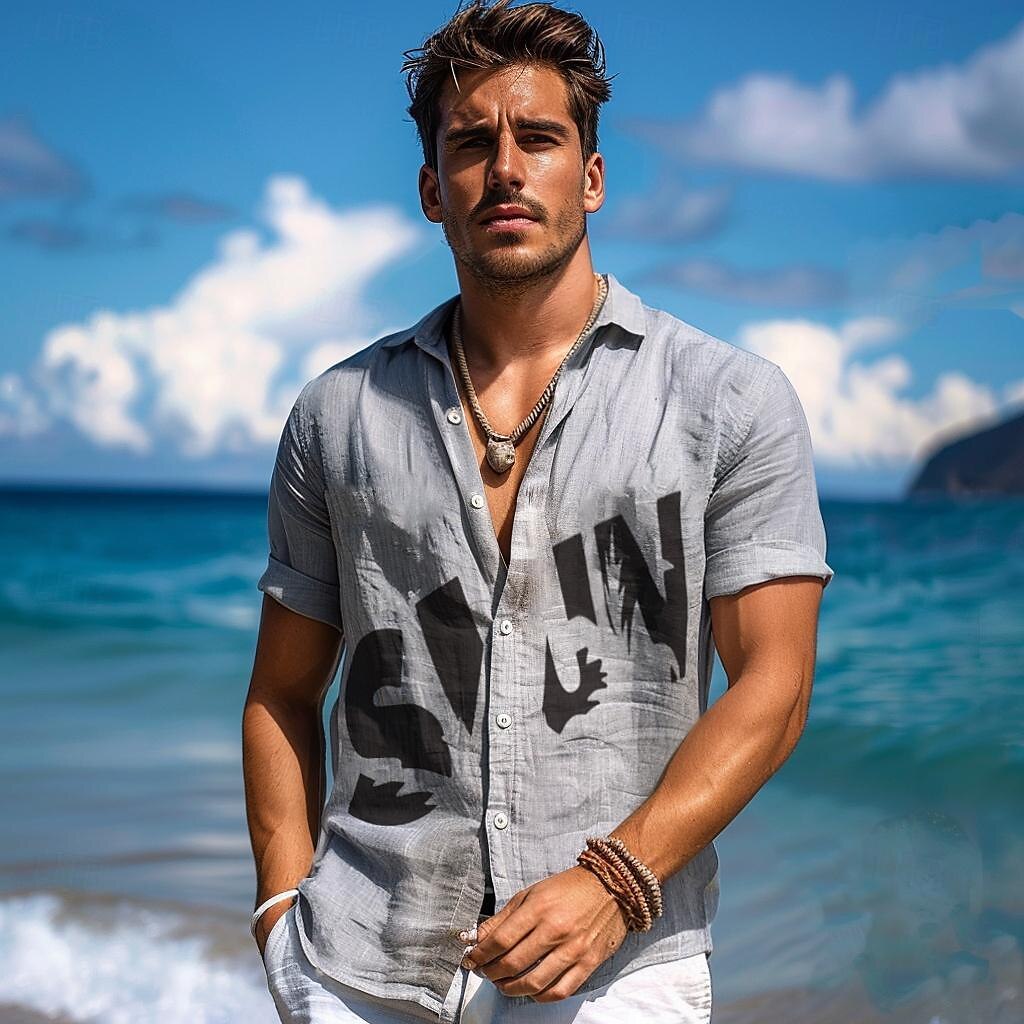 Per uomo Parola / Frase Camicia in cotone e lino Camicia con Bottoni Manica Corta Casual Casuale Athleisure Estate Collo ripiegato Bottoni Blu Grigio del 2025 a $5.49 –P4