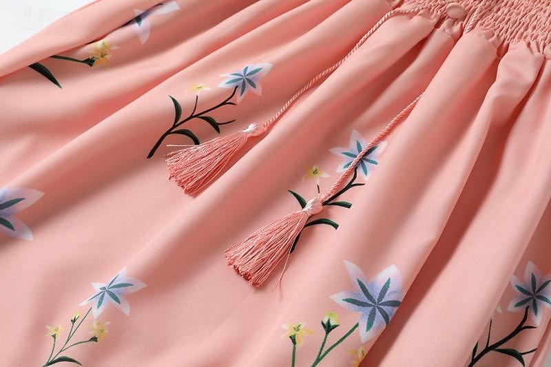 dam midiklänning bohemisk v-ringad blommig broderi elastisk midja dragsko kortärmad strandsemester rosa bekväm normal passform casual sommarkläder kläder 2025 - $30.99 –P5