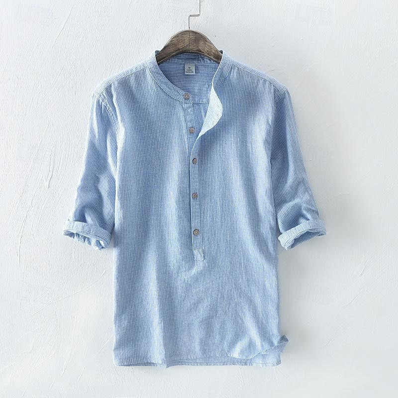 Men's Shirt Chinese Collar Shirt Mandarin Collar Shirt Casual Shirt Cotton Shirt Plain Vacation Street Sky Blue Dark Grey Beige Half Sleeve Band Collar Summer Clothing Apparel Button-Down 2026 - $21.99 –P5