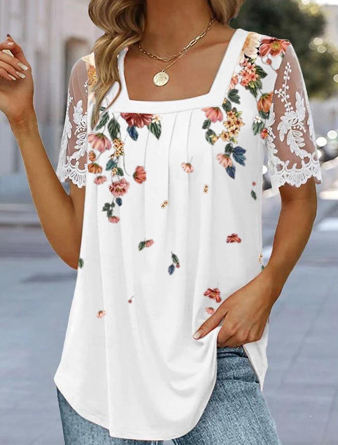 Per donna Maglietta Top patchwork in rete Maglietta in pizzo Floreale Essenziale Manica Corta Collo quadrato Top Regolari Ferie Weekend Pizzo Stampato Bianco Rosa Blu Viola Verde del 2025 a $31.99 –P5