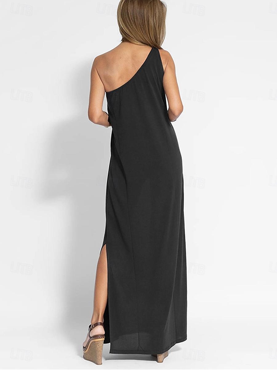 Damen schwarzes kleid Maxidress Rückenfrei Verabredung Urlaub Strassenmode Maxi Ein-Schulter Ärmellos Schwarz Gelb Grau Farbe 2025 - $39.99 –P4