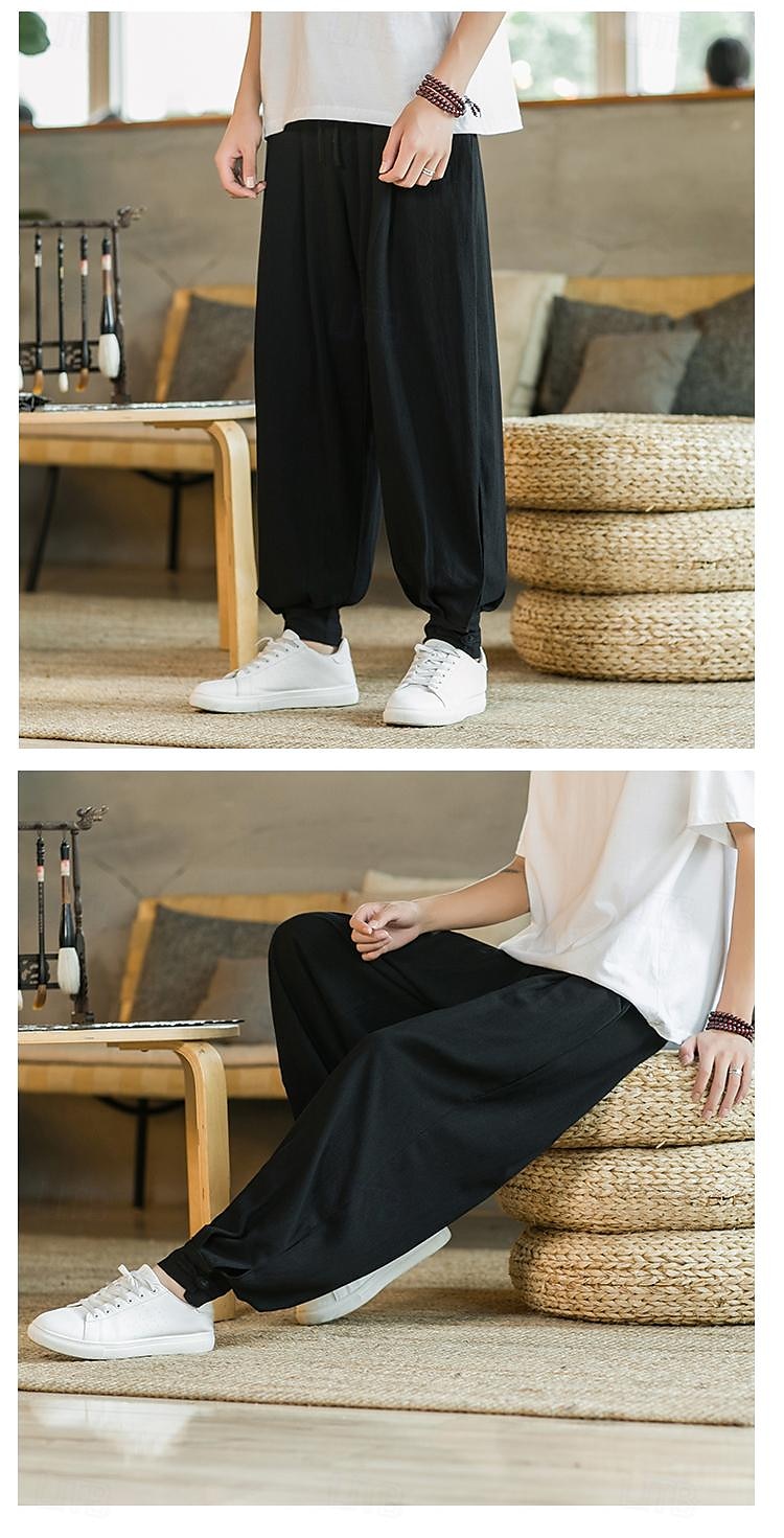 Homens Calças de linho Calça verão Calça casual Bolsos Côr Sólida Respirável Comprimento total Esportes Relaxantes Casual Ajuste Largo Preto Azul Profundo Sem Elasticidade de 2025 por $31.99 –P14