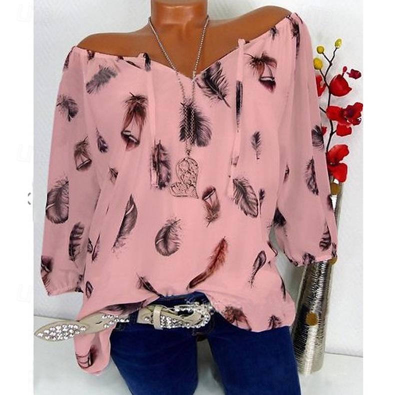 Damen Boho Bluse Federdruck Langarm V-Ausschnitt Krawattenbänder fließendes Top weiß braun lässig Strand Festivalmode entspannte Passform Frühling Sommer Kleidung 2025 - $24.99 –P9