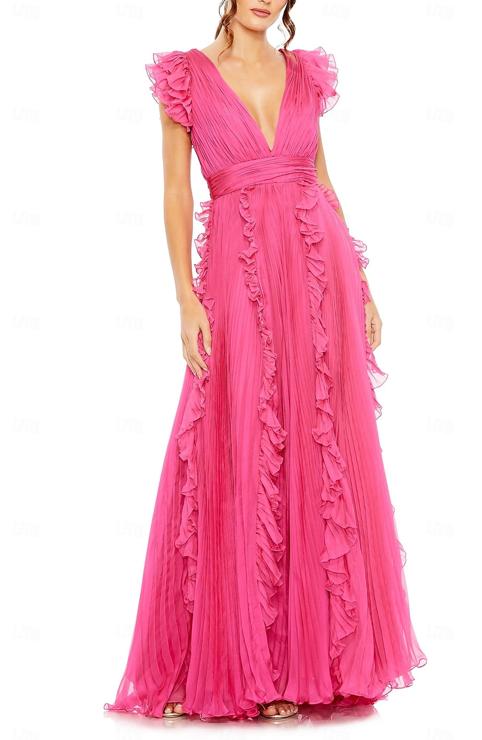 Robe de cérémonie invitée de mariage en A tenue de soirée robe de fête longueur maxi sans manches col en V en mousseline dos en V avec plis de 2025 ? $180.99 –P1