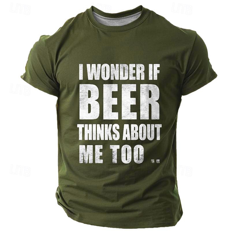 2025年 男性用 "ビールも私のことを考えているのかな" おもしろグラフィックTシャツ | ビール好きショートスリーブTシャツ  コレクション – $17.99 –P1