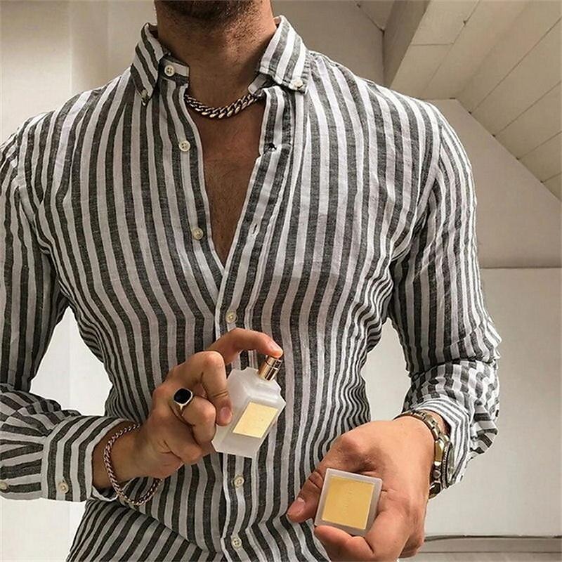 Herren Hemd Sommerhemd Freizeithemd Strandhemd Knopfhemd Gestreifte Hemden Blau Grau Langarm Streifen Umlegekragen Urlaub Hawaiianisch Button-Down Bekleidung Polyester Mode Lässig Bequem 2025 - $26.99 –P1