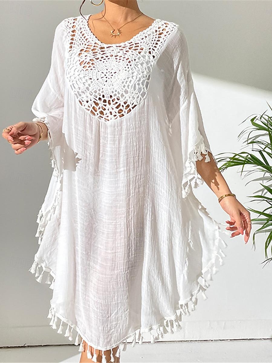 Damen Minikleid Weißes Kleid Spitzenkleid Hemdblusenkleid Sommerkleid Streetwear Basic Lässig Urlaub Straße Ferien Normale Passform Dreiviertelarm Rundhalsausschnitt Schwarz Weiß Blau Orange Sommer 2025 - $41.99 –P4