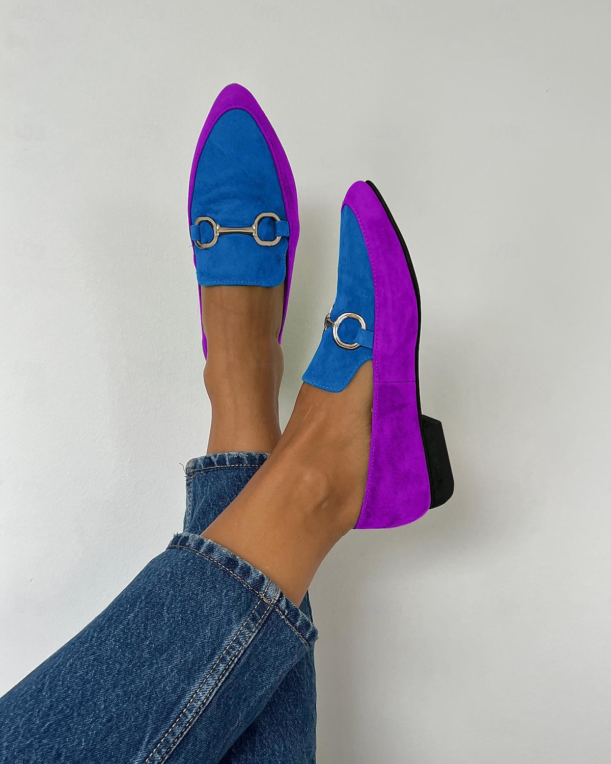 Women's Vibrant Yellow and Purple Faux Suede Loafers - Pointed Toe Slip-On Flats with Metallic Buckle Detailing for Chic Casual Style 2025 - $42.99 –P2