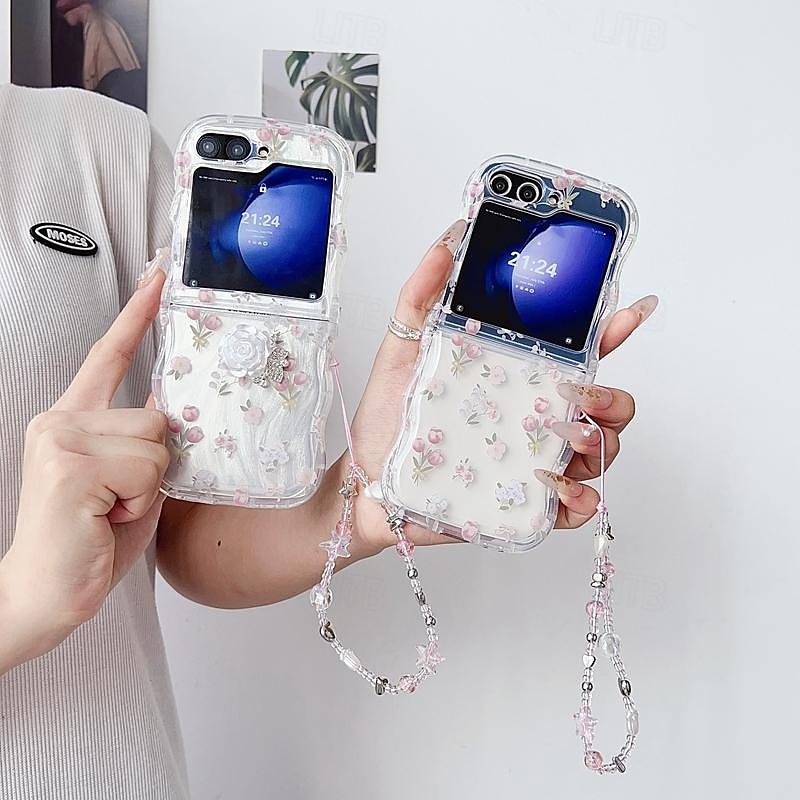 טלפון מגן עבור סמסונג גלקסי Z Flip 6 Z Flip 5 Z Flip 4 Z Flip 3 כיסוי אחורי שקיפות עם רצועת יד עמיד בזעזועים אנימציה פרח פרחוני TPU 2025 - $16.99 –P16
