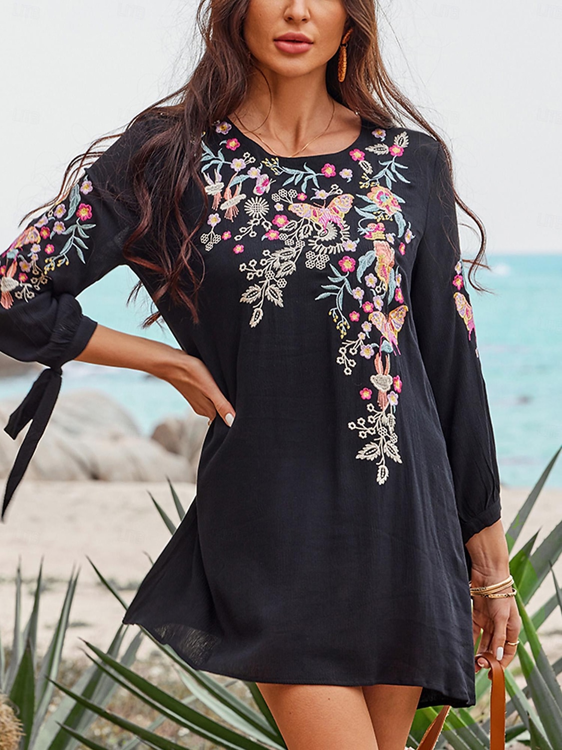 Dam Mini klänning Svart klänning Mexikansk klänning Klassisk Boho Dagligen Lös passning Blommig Långärmad Rund hals Svart Sommar Vår 2025 - $37.99 –P3