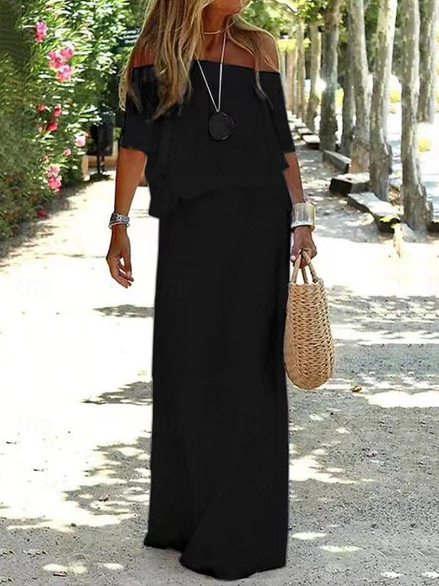 Damen Maxikleid Leinen-inspirierte Kleider Weißes Kleid Freizeitkleid Sommerkleid Streetwear Maxi Lässig Urlaub Straße Ferien Normale Passform Halbarm Schulterfrei Schwarz Weiß Rote Khaki Sommer 2025 - $36.99 –P4