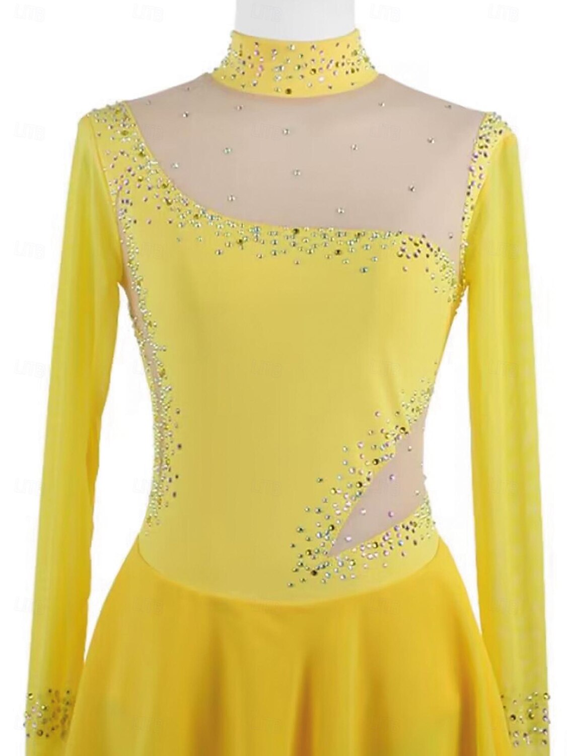 Figure Skating Dress Women's Girls' Ice Skating Dress Yellow Patchwork Thumbhole Mesh Spandex Stretchy Training Practice Professional Skating Wear Thermal Warm Crystal / Rhinestone Long Sleeve Ice 2025 - $158.99 –P3
