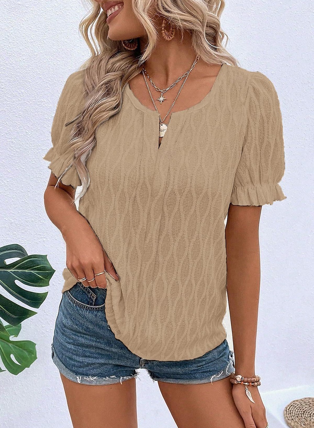 Women's White Elegant Lace Tops Eyelet Blouse Dressy Tops Plain Regular Tops Short Sleeve Puff Sleeve V Neck Lace Regular Fit Vacation Daily Romantic Petite Tops Summer Holiday Wear Blue Purple Khaki 2025 - $27.99 –P10