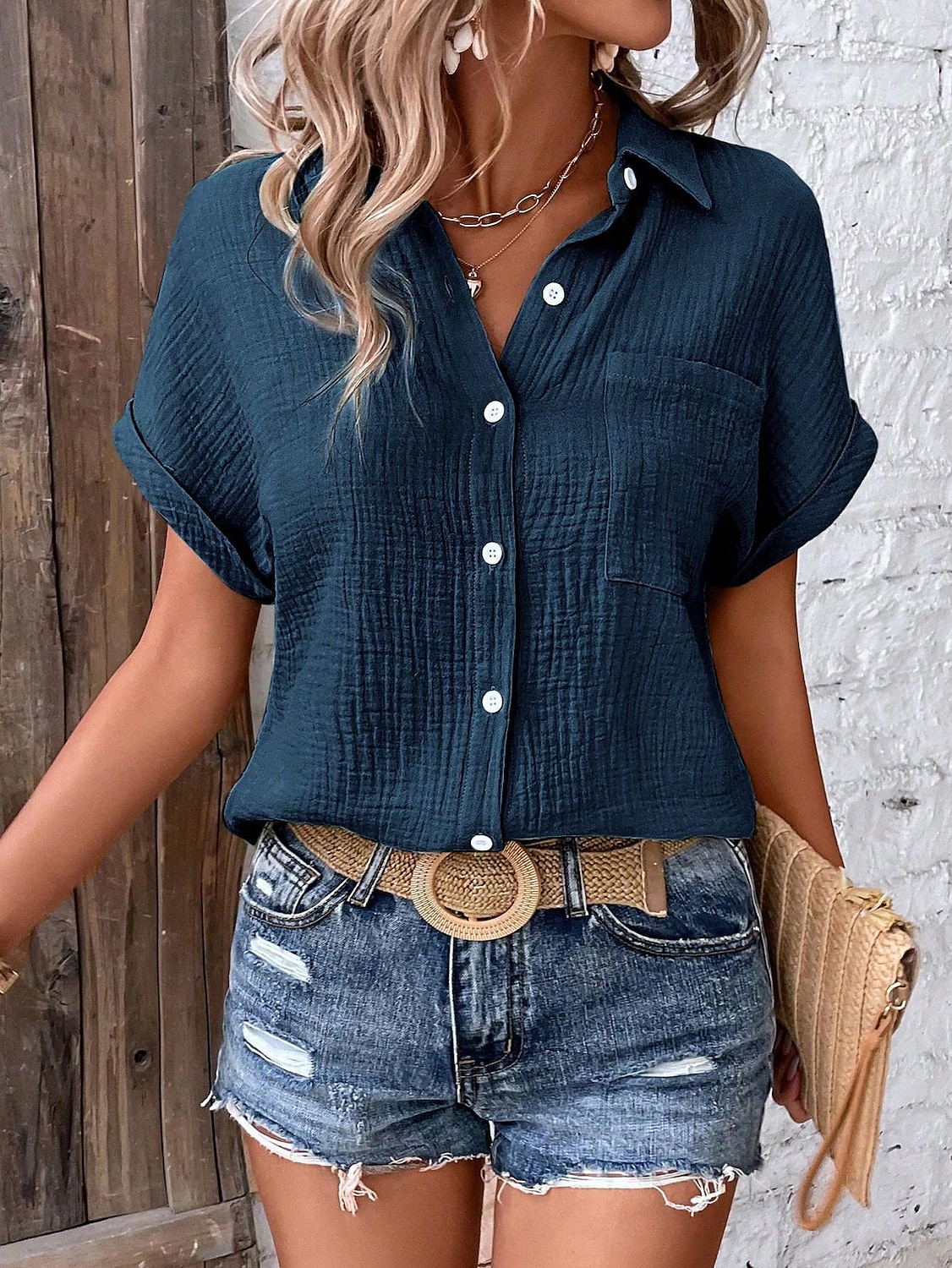 Women's Blouse V-Neck Button-Up Textured Pattern Casual Short Sleeve Summer Top Faded Blue Regular Fit Lightweight Breathable 2025 - $34.99 –P7