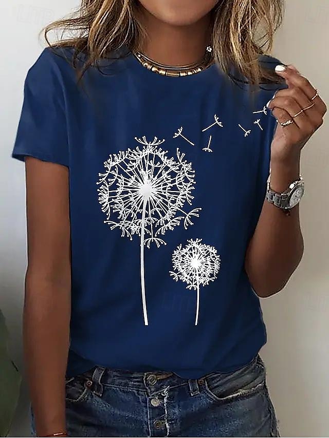 Women's Casual T-Shirt Dandelion Print Crew Neck White Short Sleeve Summer Wear Comfort Fit Daily Essential 2025 - $21.99 –P1