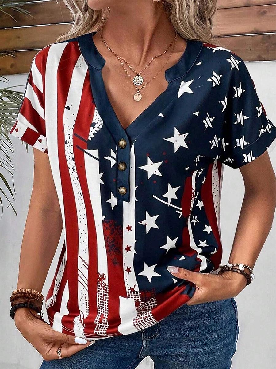 Tricou patriotic femei cu steag american stilat roșu alb și albastru mânecă scurtă gât în V regular print cu butoane albastru vară 2025 - $24.99 –P3