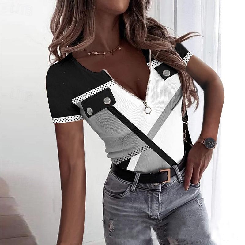 Women's T Shirt Color Block Fashion Short Sleeve V Neck Regular Tops Daily Weekend Print Quarter Zip Black Summer 2025 - $38.99 –P2