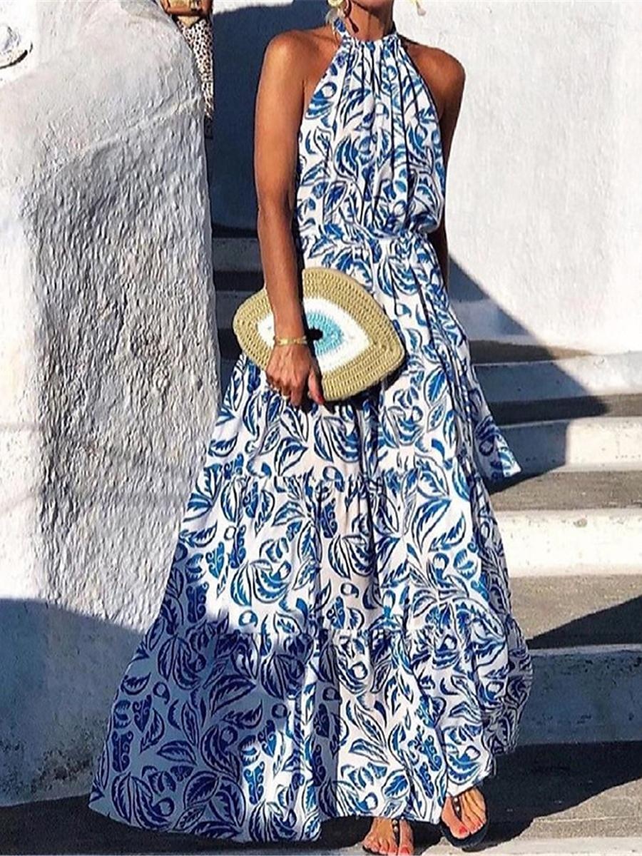 Pentru femei Rochie Lunga Rochie Maxi Rochie casual Rochie leagăn Rochie A line Rochie de vară Stilat Casual Vacanță Zilnic Dată Fit regulat Floral Fără manșon Gâtul halter Albastru piscină Trifoi 2025 - $33.99 –P1