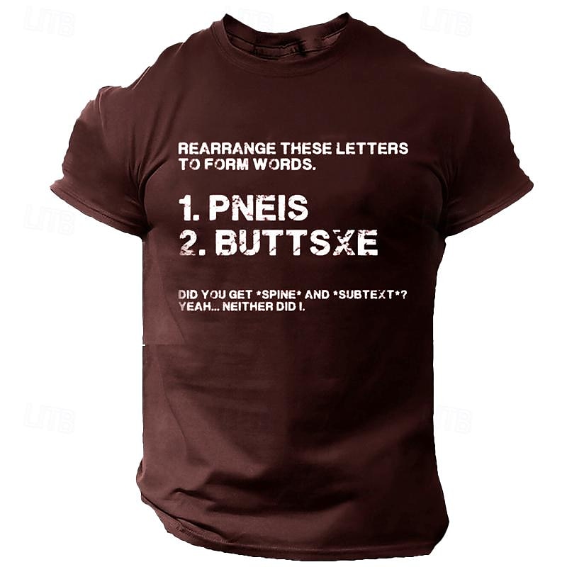 Le T-shirt des hommes Réorganisez ces lettres pour former des mots T-shirt graphique à 100 % coton à manches courtes T-shirt graphique noir blanc vin confortable mode de vêtements de 2025 ? $15.99 –P6