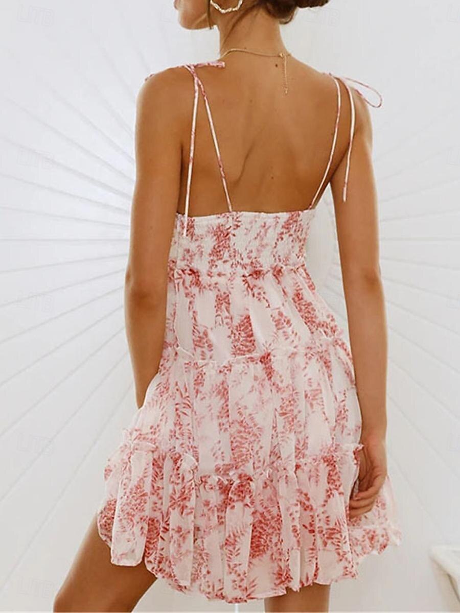 dámské ležérní šaty slip dress květinové puntíkovaný volán pásek na záda minišaty stylové ležérní denní dovolená bez rukávů léto 2025 - $35.99 –P14