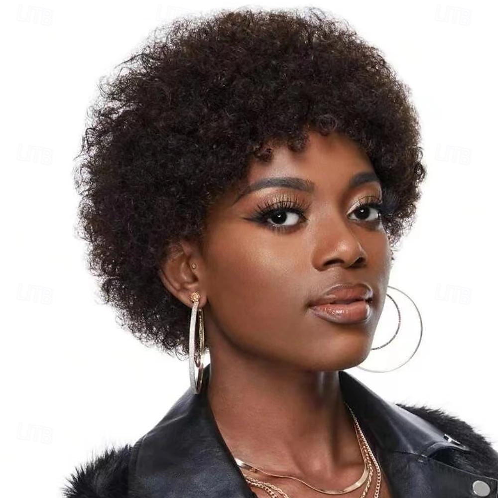 Afro crépus bouclés frange perruque pour femmes afro coupe de lutin courte perruque de cheveux humains doux bouclés perruque afro naturel à la recherche d'un usage quotidien de 2025 ? $47.99 –P2