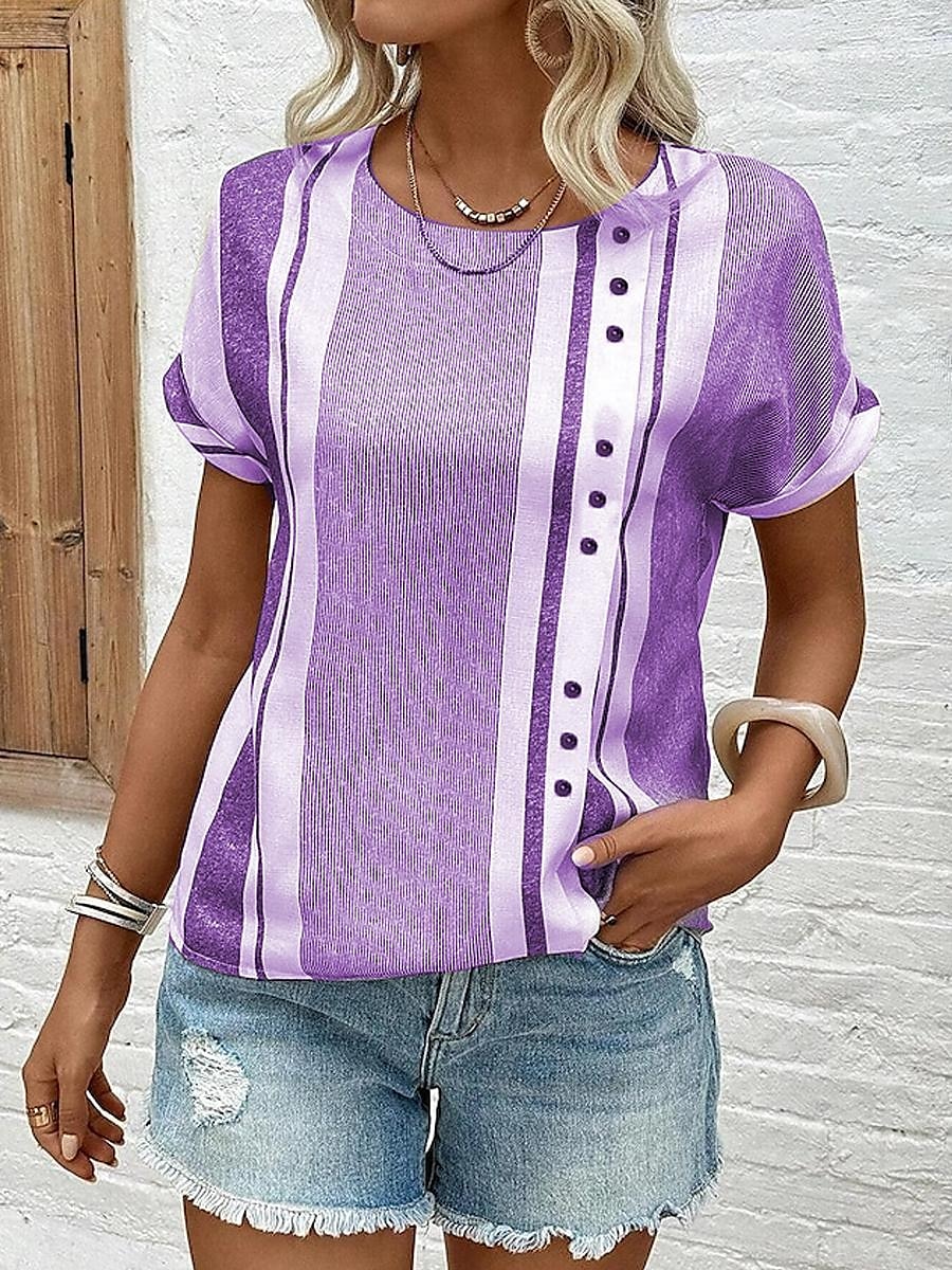 Bluza pentru Femei Chic Model Dungi cu Îmb embellishments Guler în V Mâneci Scurte Vară Primăvară Casual Zilnic Din In Fit Versatil Grau Negru Alb Spor 2025 - $22.99 –P4