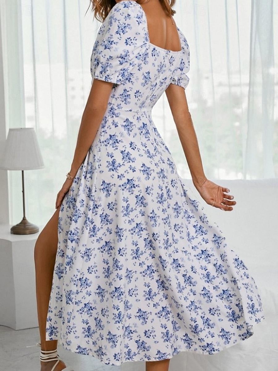 Women's Casual Dress Swing Dress Floral Split Print Square Neck Midi Dress Stylish Casual Daily Date Short Sleeve Summer 2025 - $28.99 –P2