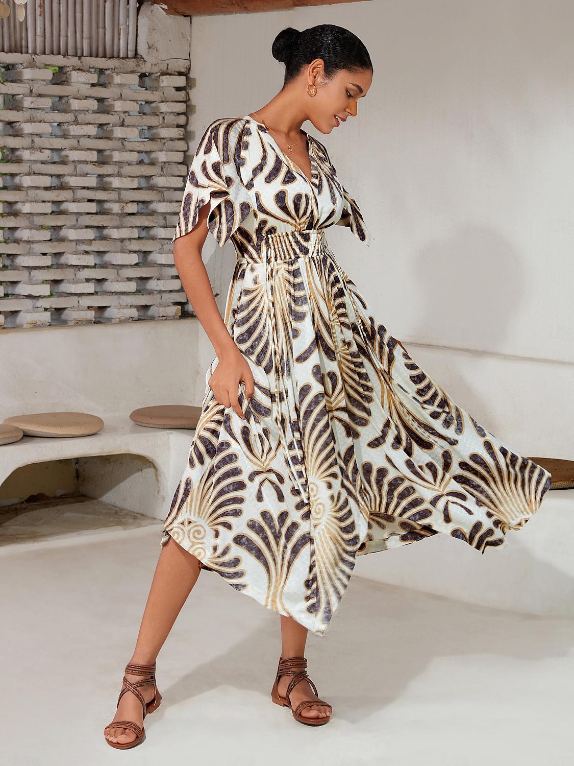 Femmes Robe Midi Robe Midi Marron Manche Courte Folk Ourlet irrégulier Printemps & Été Col en V Robe à Motifs S M L de 2025 ? $116.99 –P4