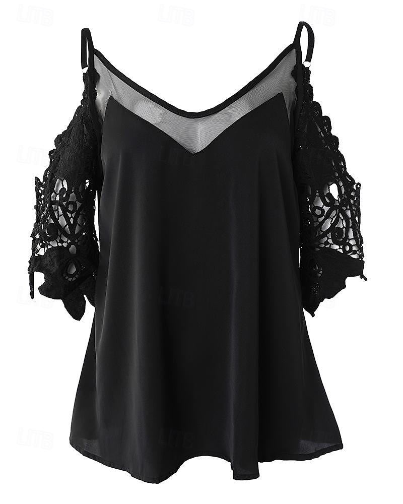 Hemd Bluse Damen Schwarz Einfach Spitze Kalter Schulter-Schnitt Straße Täglich Mode V Ausschnitt Normale Passform S 2025 - $29.99 –P4